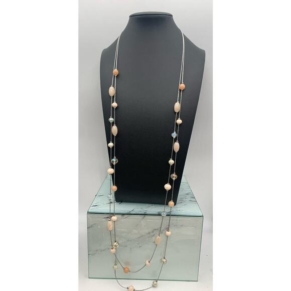 Loft Silver Tone Double Strand Soft Dainty Pink With AB Crystals Necklace - Picture 1 of 5